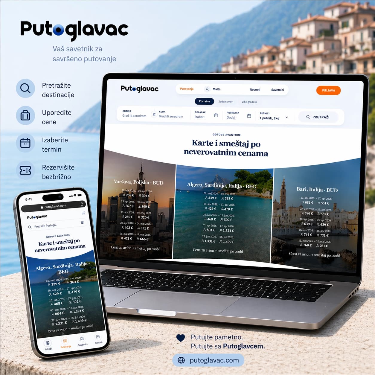Putoglavac desktop i mobilni prikaz za pretragu putovanja